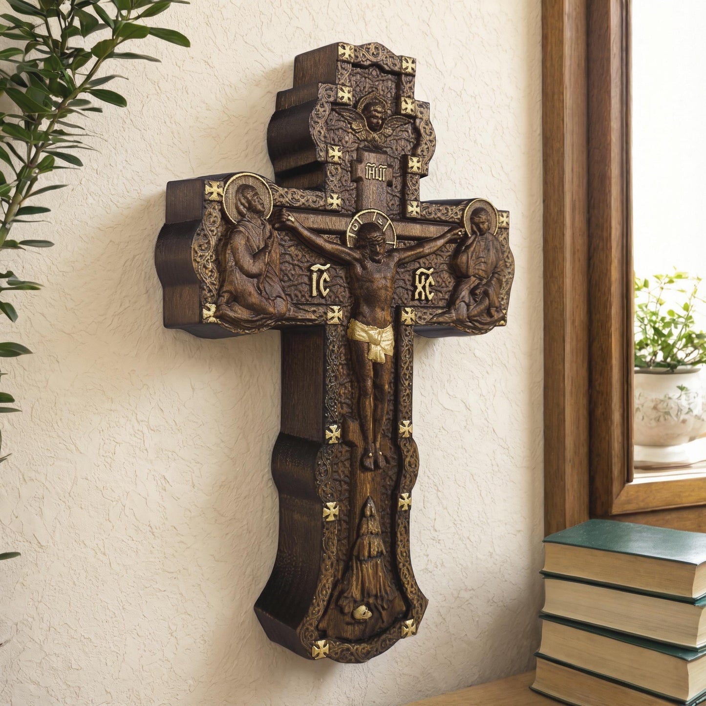Hand Carved Cross No 5 | Wood Byzantine Greek Christian Wall Art