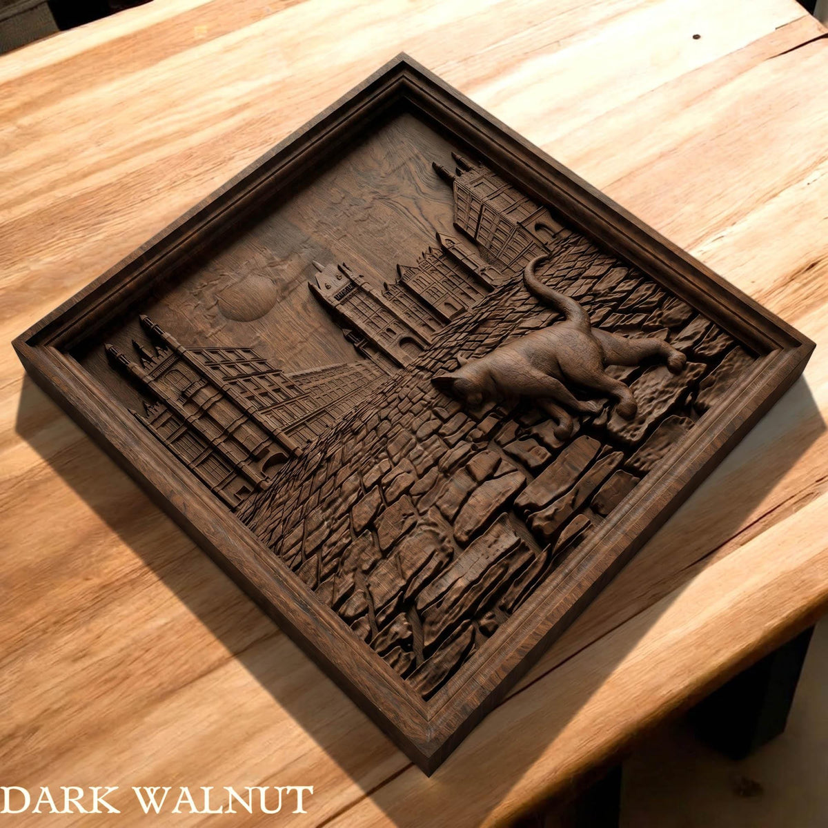 Cat Walking in the Street Framed Bas Relief | Wooden Cat Carving | Sculptural Gift Idea