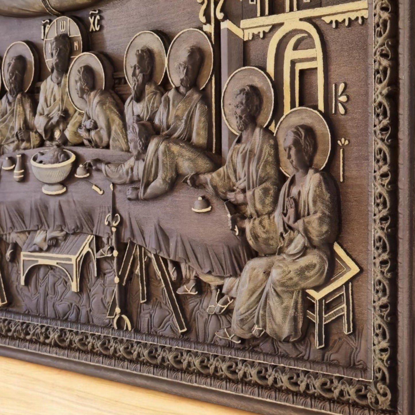 Last Supper Wooden Carved Handcrafted Christian Religious Icon. Byzantine Home Wall Art Decor Gift. Orthodox Greek Woodcarving Sculpture.