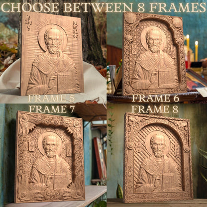 Saint Nicholas Wooden Carved Handcrafted Christian Religious Icon. Byzantine Home Wall Art Decor Gift. Orthodox Greek Woodcarving Sculpture.