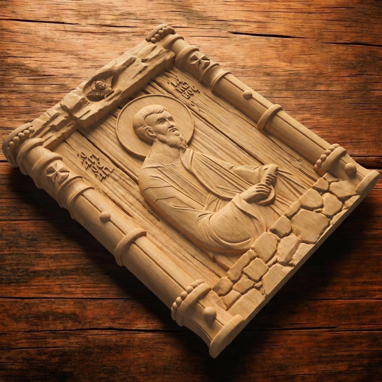 Saint Jacob the Apostle Wooden Carved Handmade Christian Icon Patron Saint of Spain Flat Side Natural Wood Color Cretan Holy Carvings
