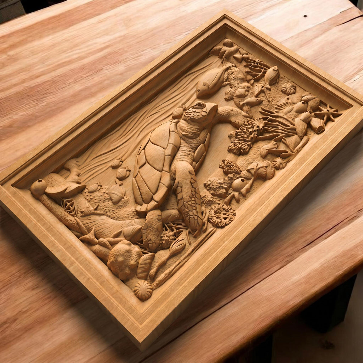 Sea Turtle Framed Bas Relief | Wooden Turtle Carving | Sculptural Gift Idea