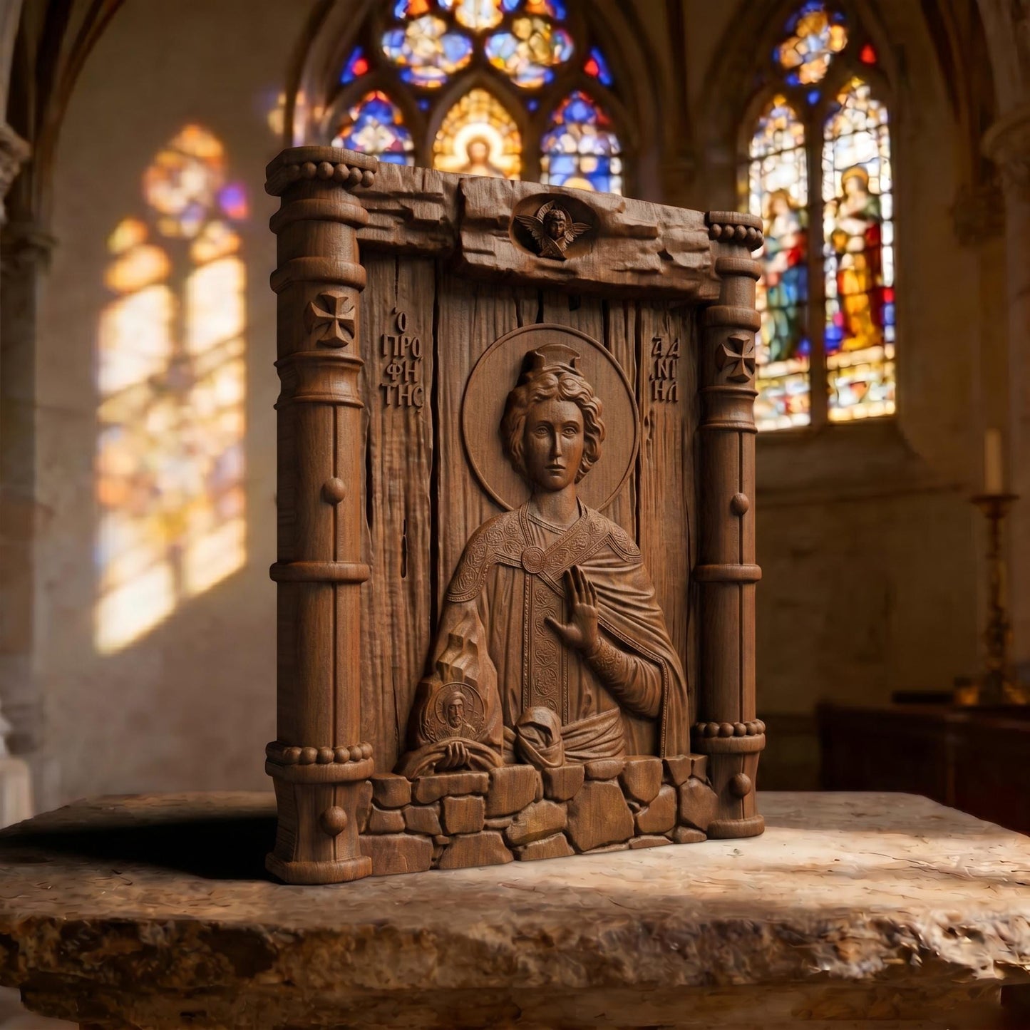 Prophet Daniel Wooden Carved Handmade Christian Icon Patron Saint of Courage, Fortitude, and Strength Left Side Brown Oak Cretan Holy Carvings