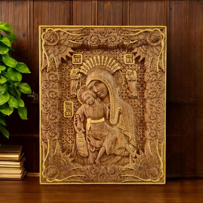 Virgin Mary Mother of God Axion Esti Wooden Carved Handmade Christian Icon. Byzantine Decor.