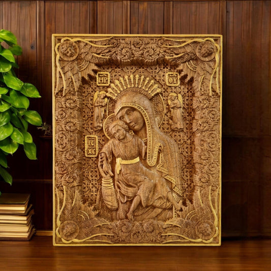 Virgin Mary Mother of God Axion Esti Wooden Carved Handmade Christian Icon. Byzantine Decor.