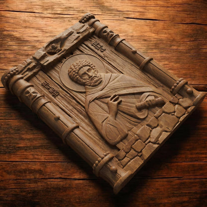 Saint Moses the Black Wooden Carved Handmade Christian Icon Patron Saint of Africa and non-violence Flat Side Brown Oak Cretan Holy Carvings