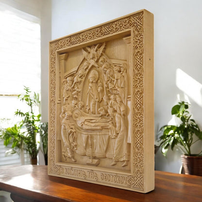 Dormition of the Mother of God Wooden Carved Handcrafted Christian Religious Icon. Byzantine Home Wall Art Decor Gift. Orthodox Greek Woodcarving Sculpture.