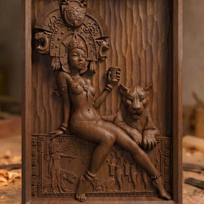Aztec Woman Framed Bas Relief | Wooden Woman Carving | Sculptural Gift Idea