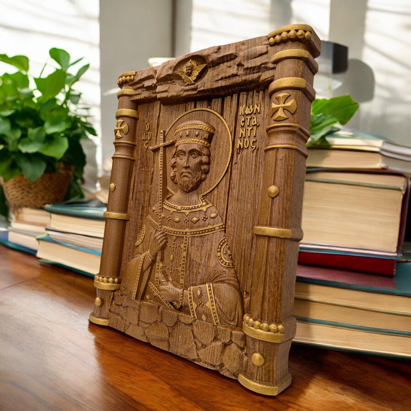 Saint Constantine Wooden Carved Handcrafted Christian Religious Icon. Byzantine Home Wall Art Decor Gift. Orthodox Greek Woodcarving Sculpture.