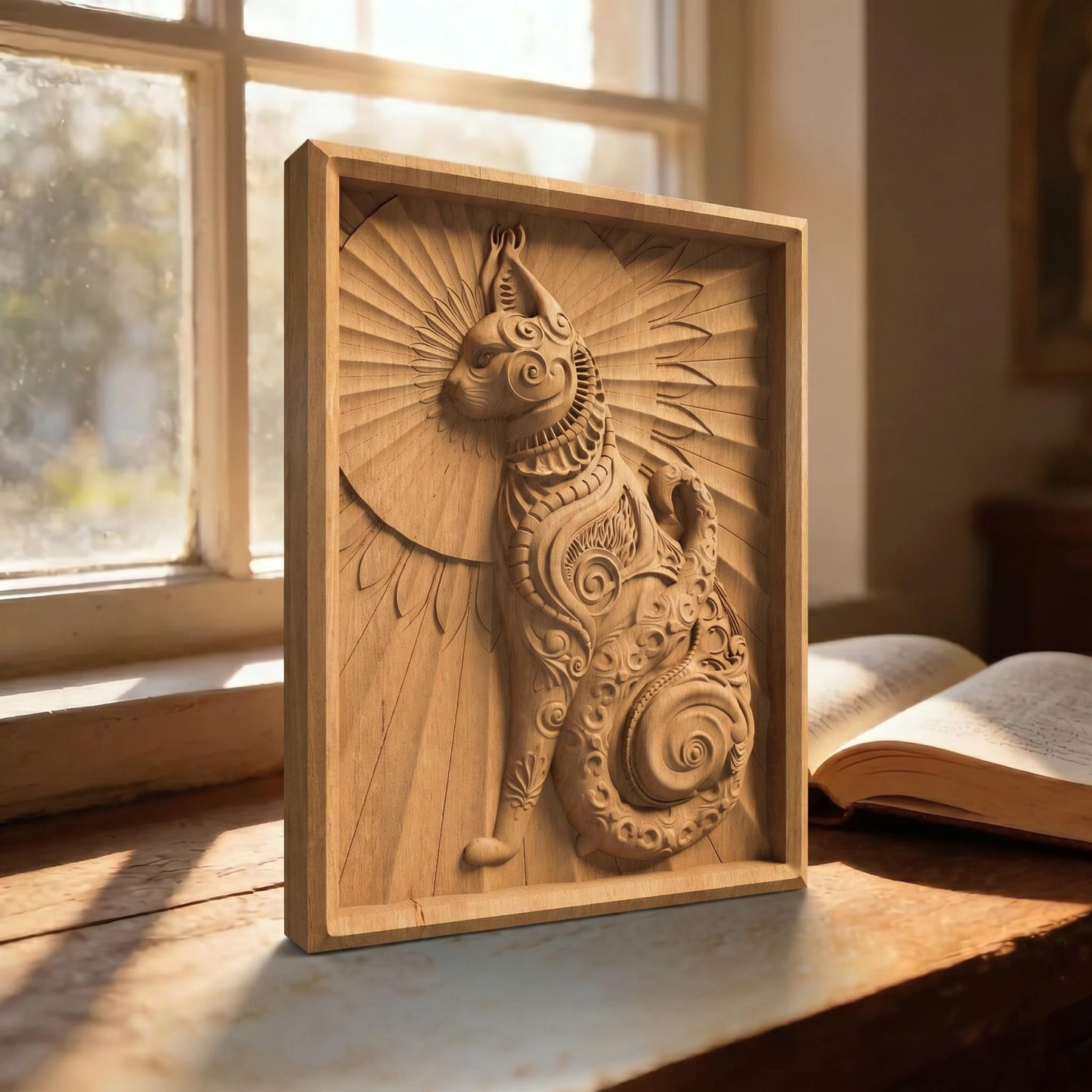 Cat Tribal Framed Bas Relief | Wooden Cat Carving | Sculptural Gift Idea