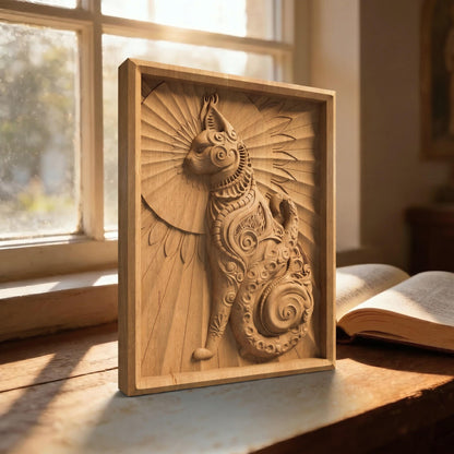 Cat Tribal Framed Bas Relief | Wooden Cat Carving | Sculptural Gift Idea