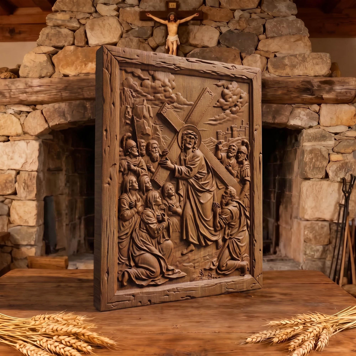 The Way to Mount Golgotha Wooden Carved Handmade Christian Icon  Byzantine Greek Orthodox Home Decor Cretan Holy Carvings