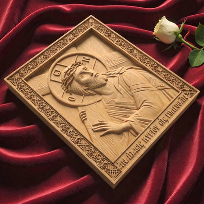 Jesus Christ Ascent to Golgotha Wooden Carved Handmade Christian Icon Flat Side Natural Wood Color Cretan Holy Carvings