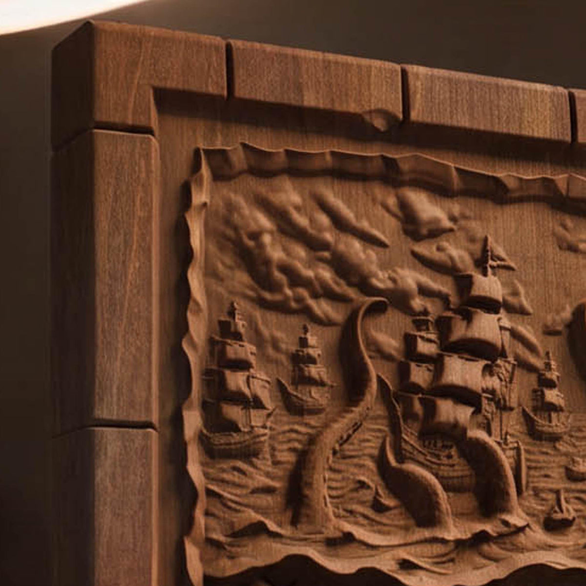 Kraken Atack on the Ships from Ancient Greek Mythology 3D Wooden Bas Relief Panel Art Sculptural Gift Idea Cretan Holy Carvings