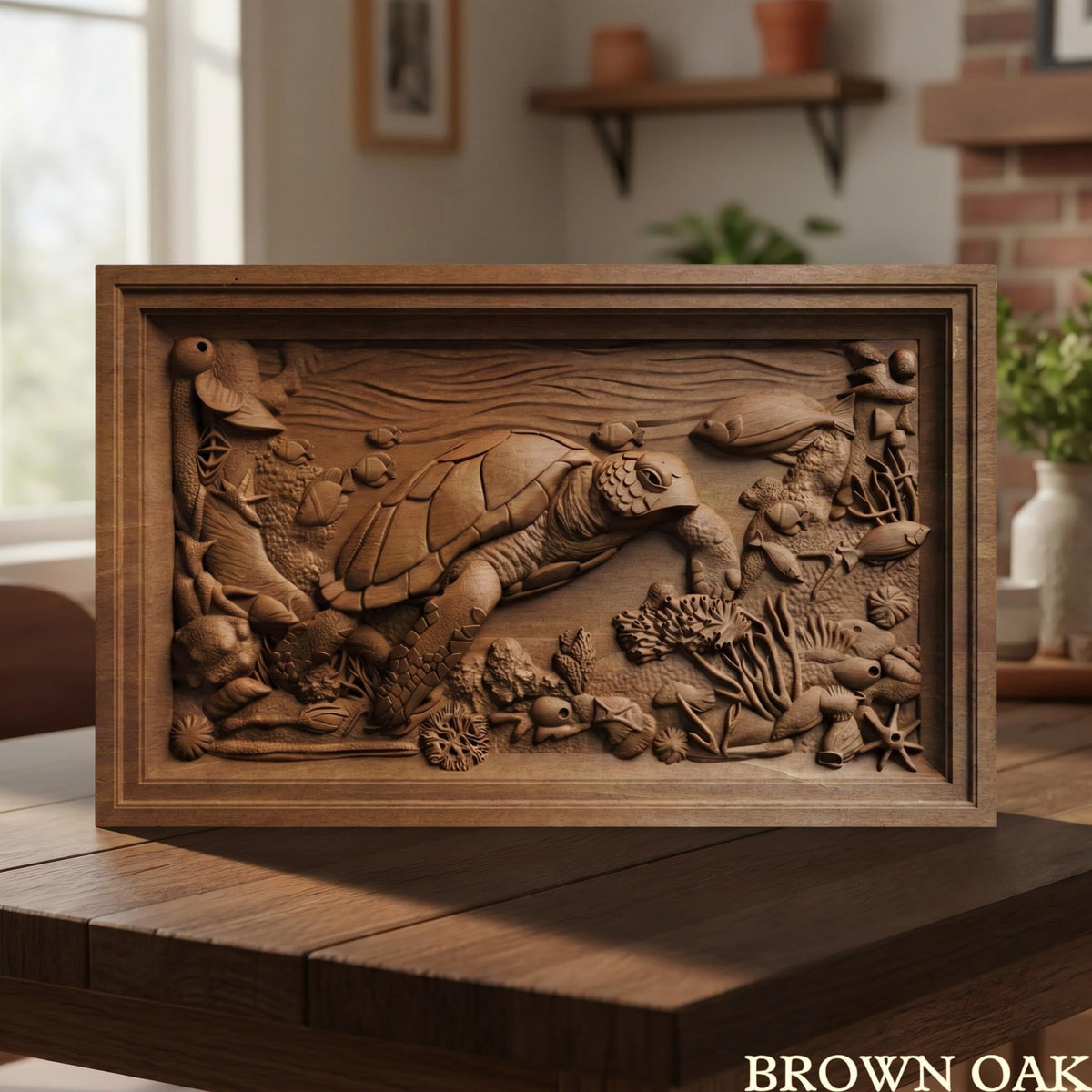 Sea Turtle Framed Bas Relief | Wooden Turtle Carving | Sculptural Gift Idea
