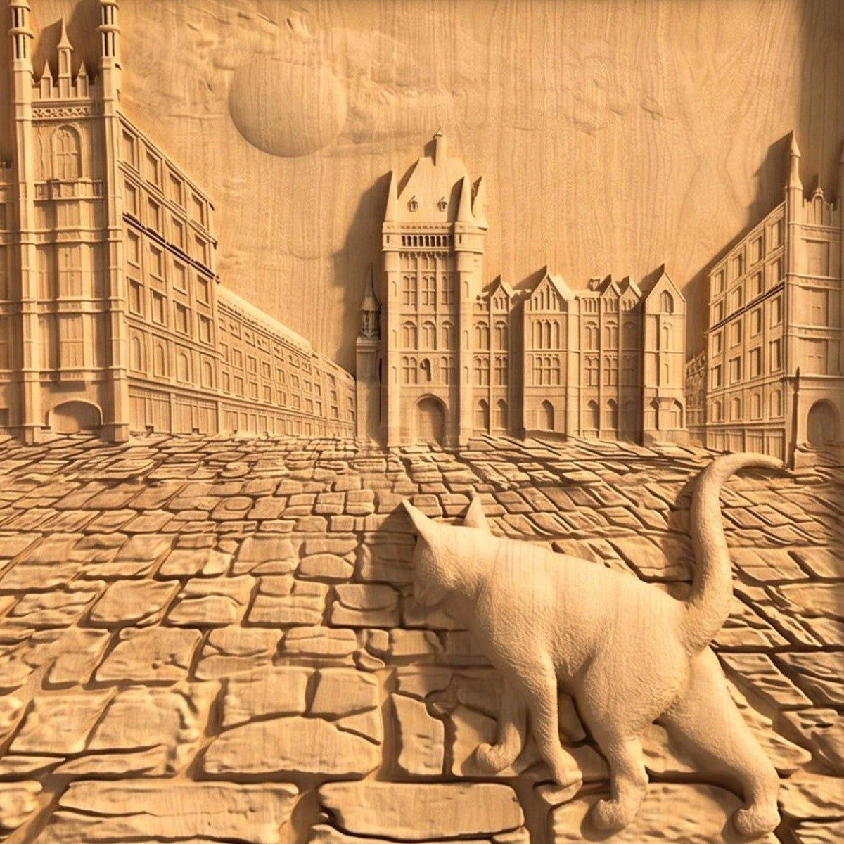 Cat Walking in the Street Framed Bas Relief | Wooden Cat Carving | Sculptural Gift Idea