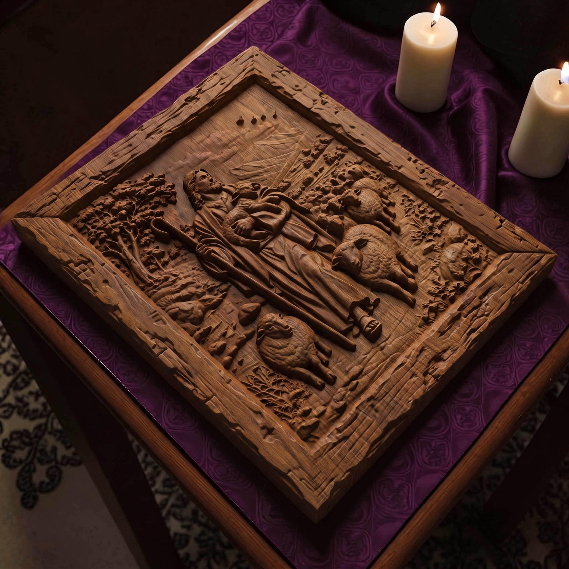 Jesus Christ the Good Shepherd Wooden Carved Handmade Christian Icon  Byzantine Greek Orthodox Home Decor Cretan Holy Carvings