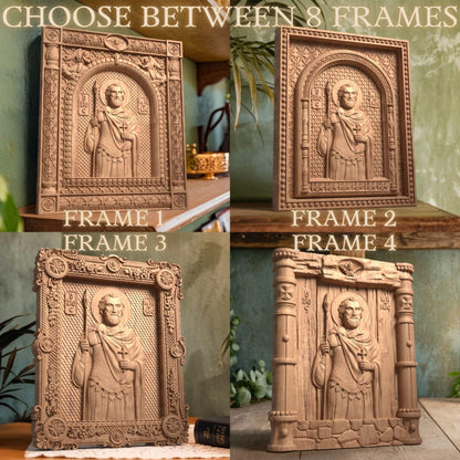 Saint Menas of Egypt Wooden Carved Handmade Christian Icon. Patron Saint of Travelers. Byzantine Greek Orthodox Home Decor.