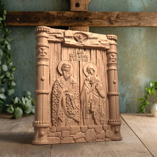 Saints Cyprian and Justina Wooden Carved Handcrafted Christian Religious Icon. Byzantine Home Wall Art Decor Gift. Orthodox Greek Woodcarving Sculpture.