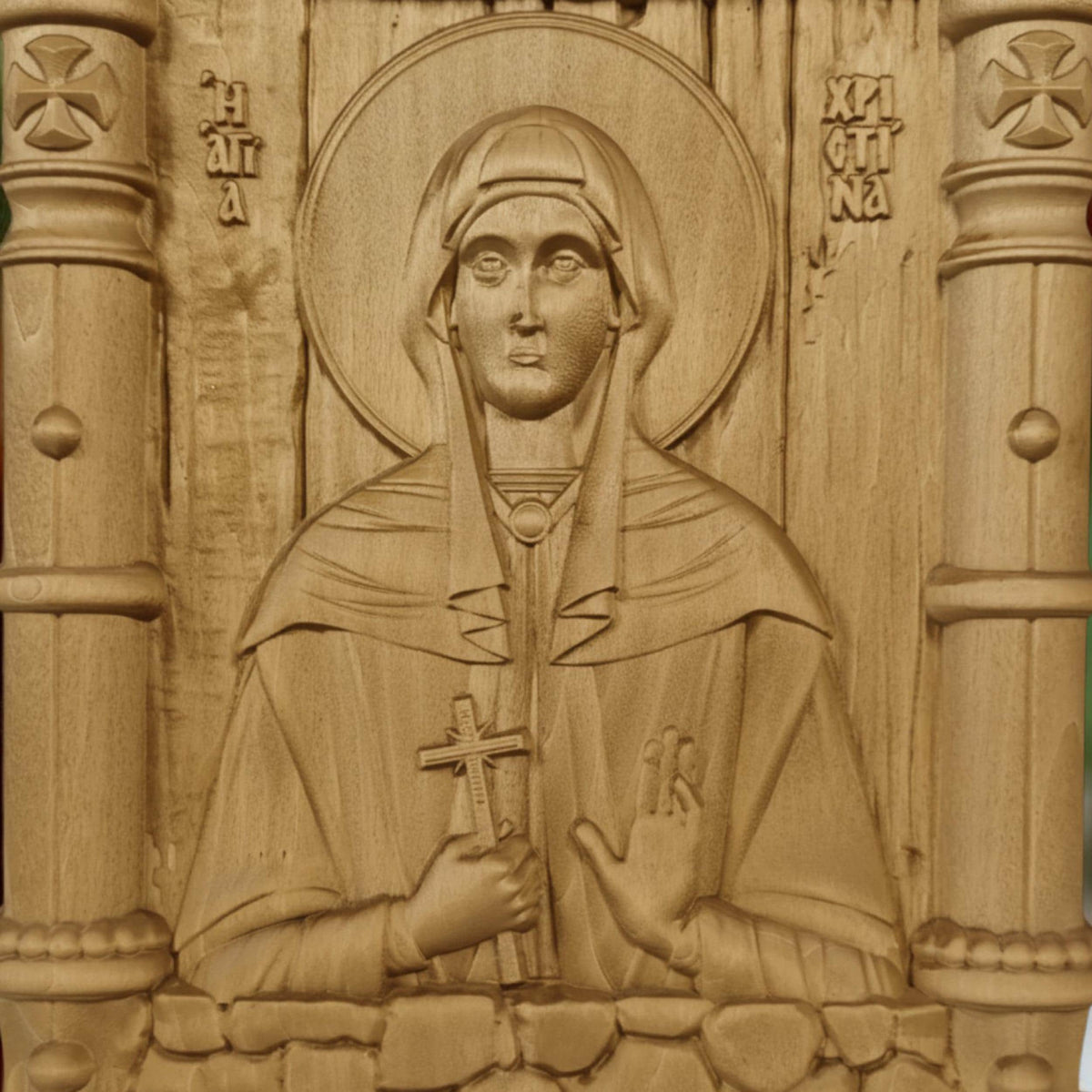 Saint Christina Wooden Carved Handmade Christian Icon. Byzantine Greek Orthodox Home Art Decor.