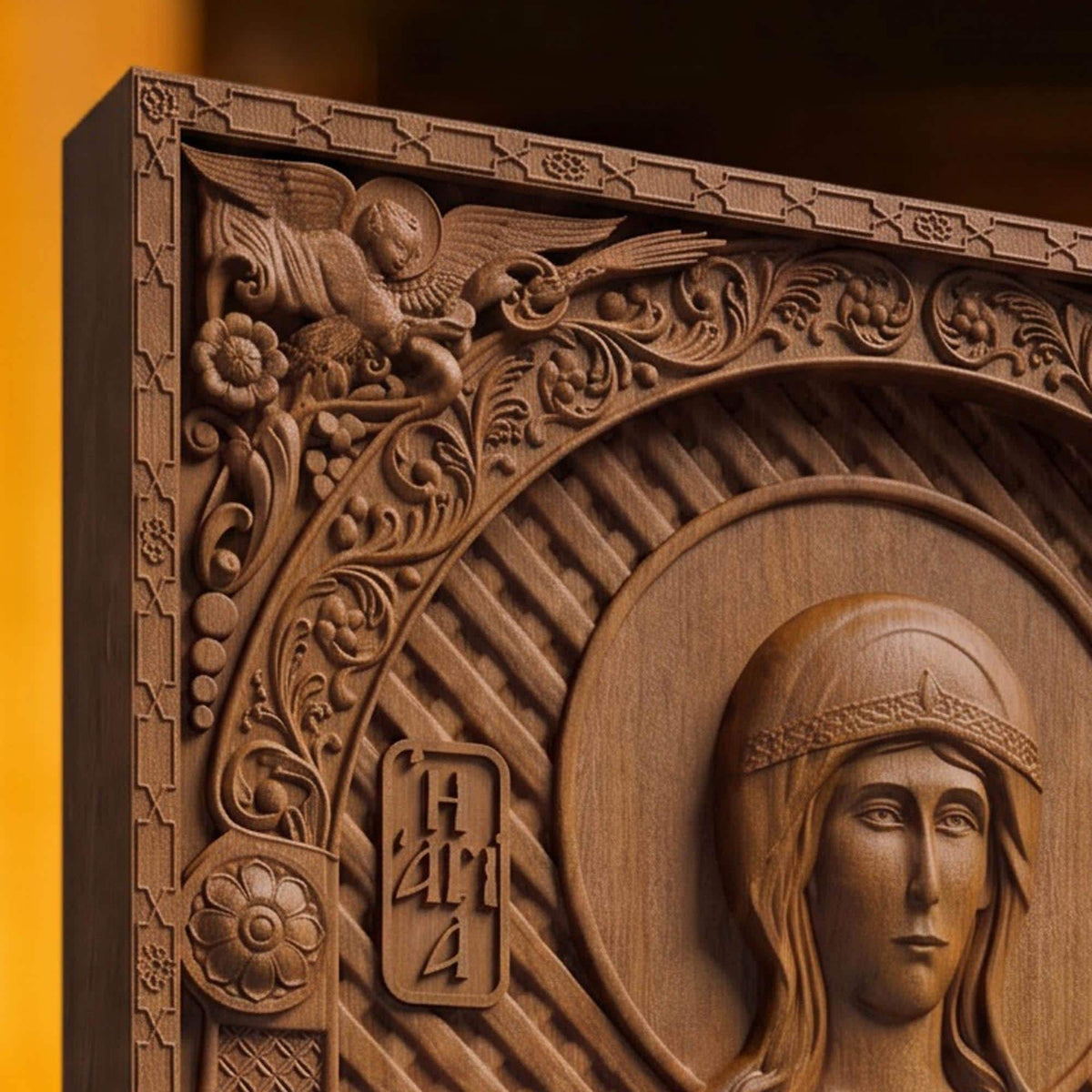Saint Cecilia Patron Saint of Musicians Wooden Carved Handmade Christian Icon | Byzantine Greek Orthodox Home Art Decor