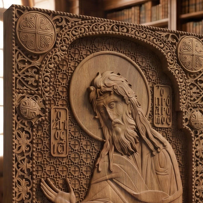 Saint John the Baptist Wooden Carved Handmade Christian Icon Patron Saint of Monastic Life Left Side Brown Oak Cretan Holy Carvings