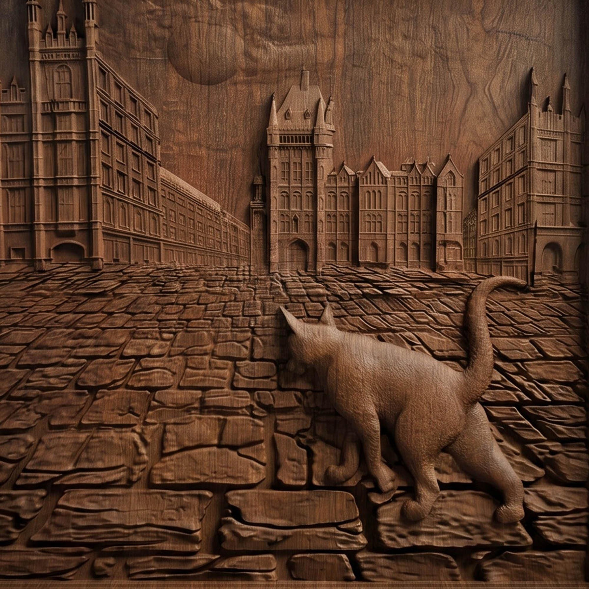Cat Walking in the Street Framed Bas Relief | Wooden Cat Carving | Sculptural Gift Idea