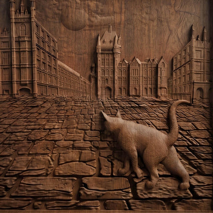 Cat Walking in the Street Framed Bas Relief | Wooden Cat Carving | Sculptural Gift Idea