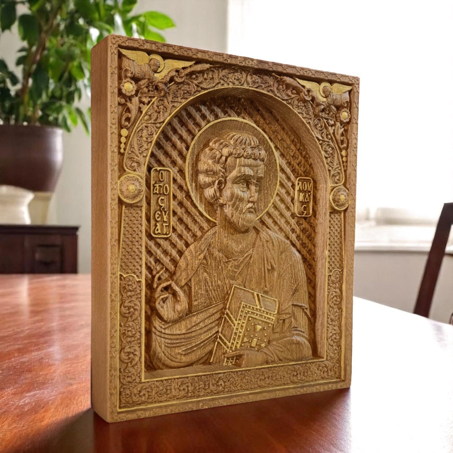 Luke the Evangelist Wooden Carved Handcrafted Christian Religious Icon. Byzantine Home Wall Art Decor Gift. Orthodox Greek Woodcarving Sculpture.