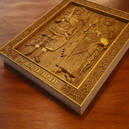 Archangels Michael and Gabriel Wooden Carved Handcrafted Christian Religious Icon. Byzantine Home Wall Art Decor Gift. Orthodox Greek Woodcarving Sculpture.