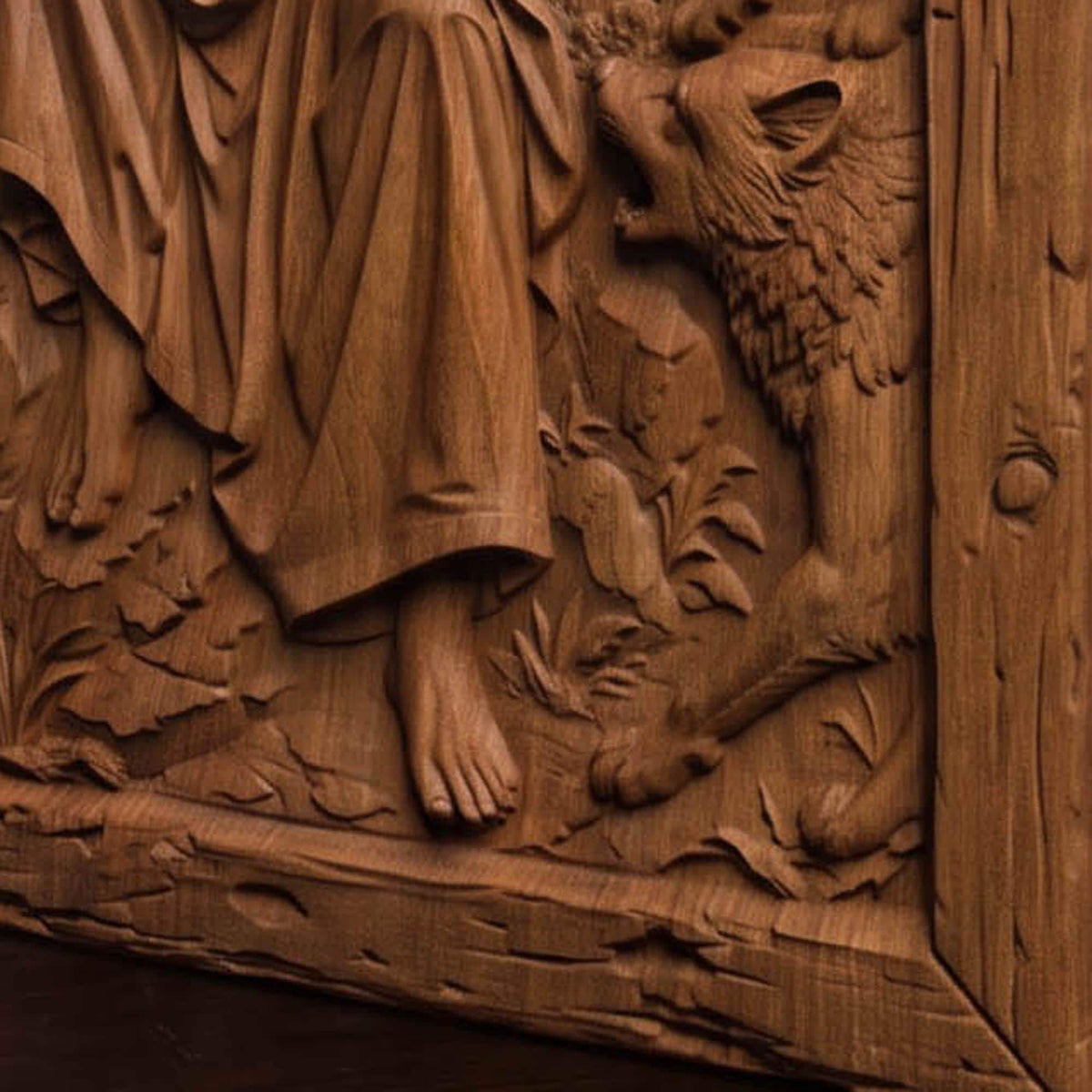 Jesus Christ Protecting Us Against the Wolves Wooden Carved Handmade Christian Icon  Byzantine Greek Orthodox Home Decor Cretan Holy Carvings
