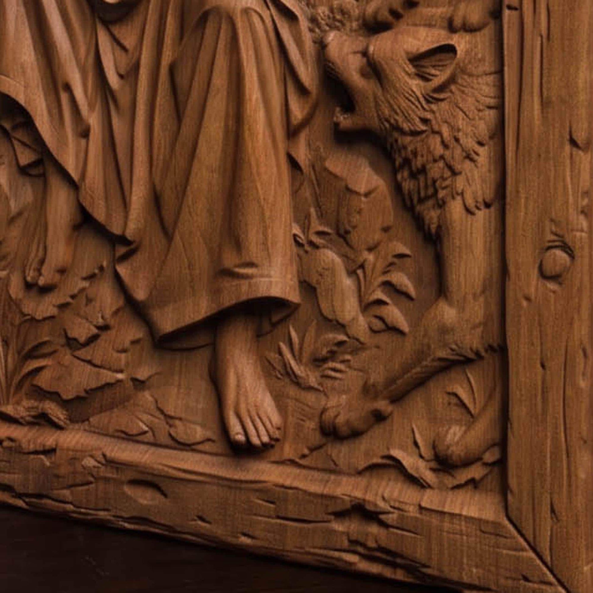 Jesus Christ Protecting Us Against the Wolves Wooden Carved Handmade Christian Icon  Byzantine Greek Orthodox Home Decor Cretan Holy Carvings