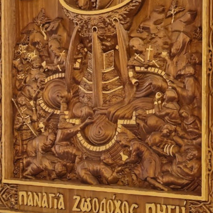 Mother of God Life-giving Spring Wooden Carved Handcrafted Christian Religious Icon. Byzantine Home Wall Art Decor Gift. Orthodox Greek Woodcarving Sculpture.