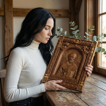 Saint Nicholas Wooden Carved Handmade Christian Icon. Byzantine Greek Orthodox Home Art Decor.