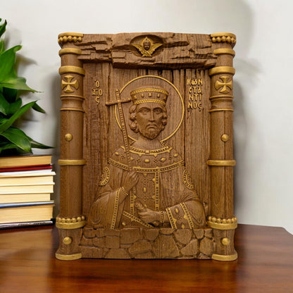 Saint Constantine Wooden Carved Handcrafted Christian Religious Icon. Byzantine Home Wall Art Decor Gift. Orthodox Greek Woodcarving Sculpture.