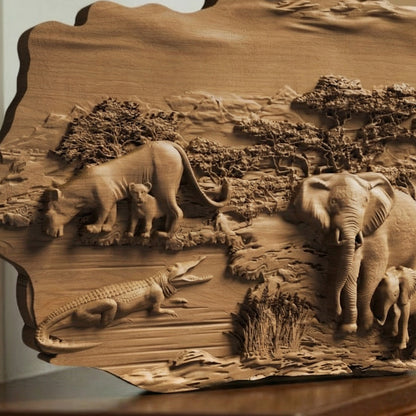 African Nature Scene Handmade Wooden Carving. Home Gift Wall Art Decor.