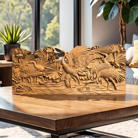 May include: A wooden relief sculpture depicting three cranes amidst lily pads and water. The cranes are intricately carved with detailed feathers and poses. The sculpture is a warm, natural wood tone, and sits on a wooden table.