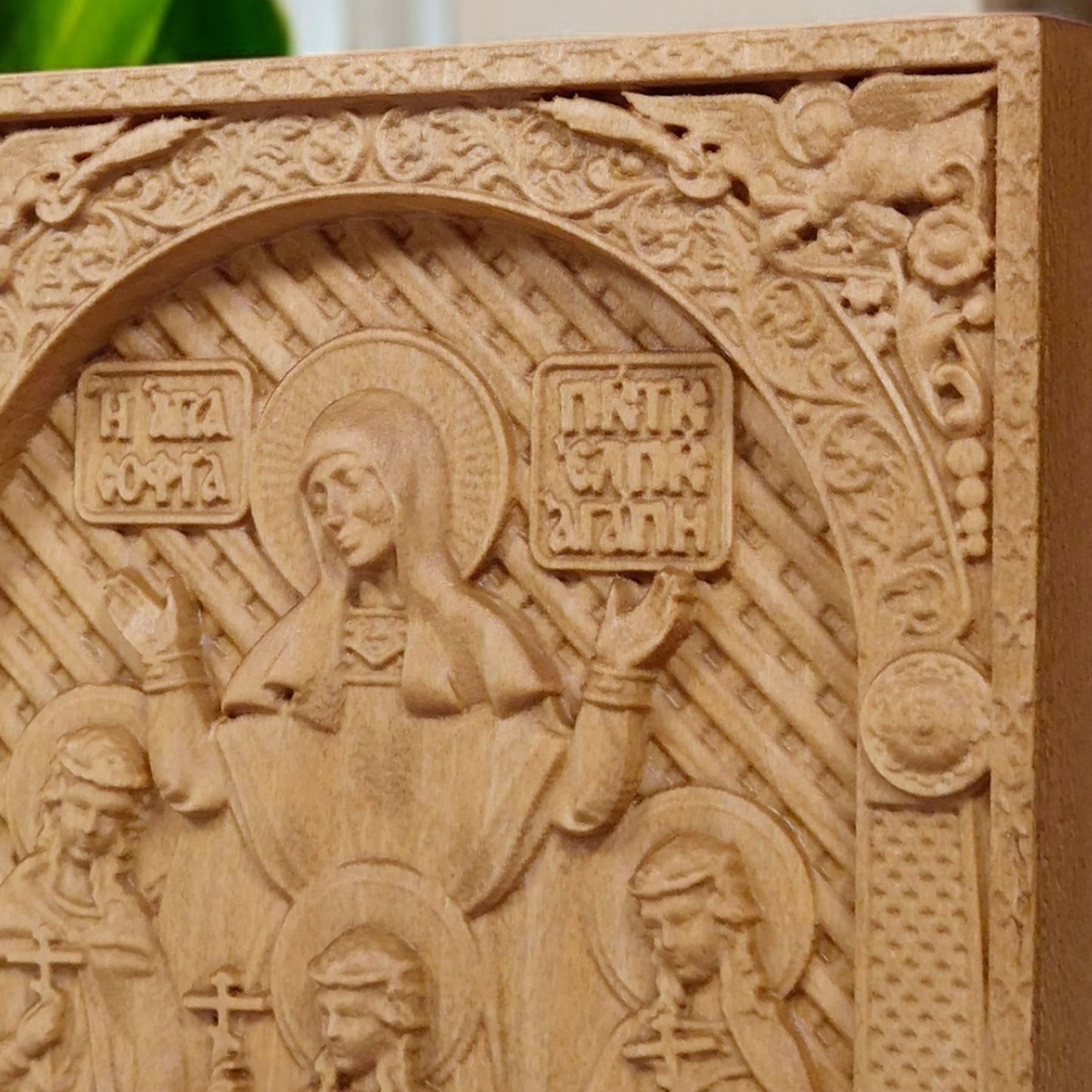 Saints Sophia Faith Hope Love Wooden Carved Handcrafted Christian Religious Icon. Byzantine Home Wall Art Decor Gift. Orthodox Greek Woodcarving Sculpture.