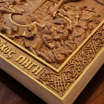 Mother of God Life-giving Spring Wooden Carved Handcrafted Christian Religious Icon. Byzantine Home Wall Art Decor Gift. Orthodox Greek Woodcarving Sculpture.