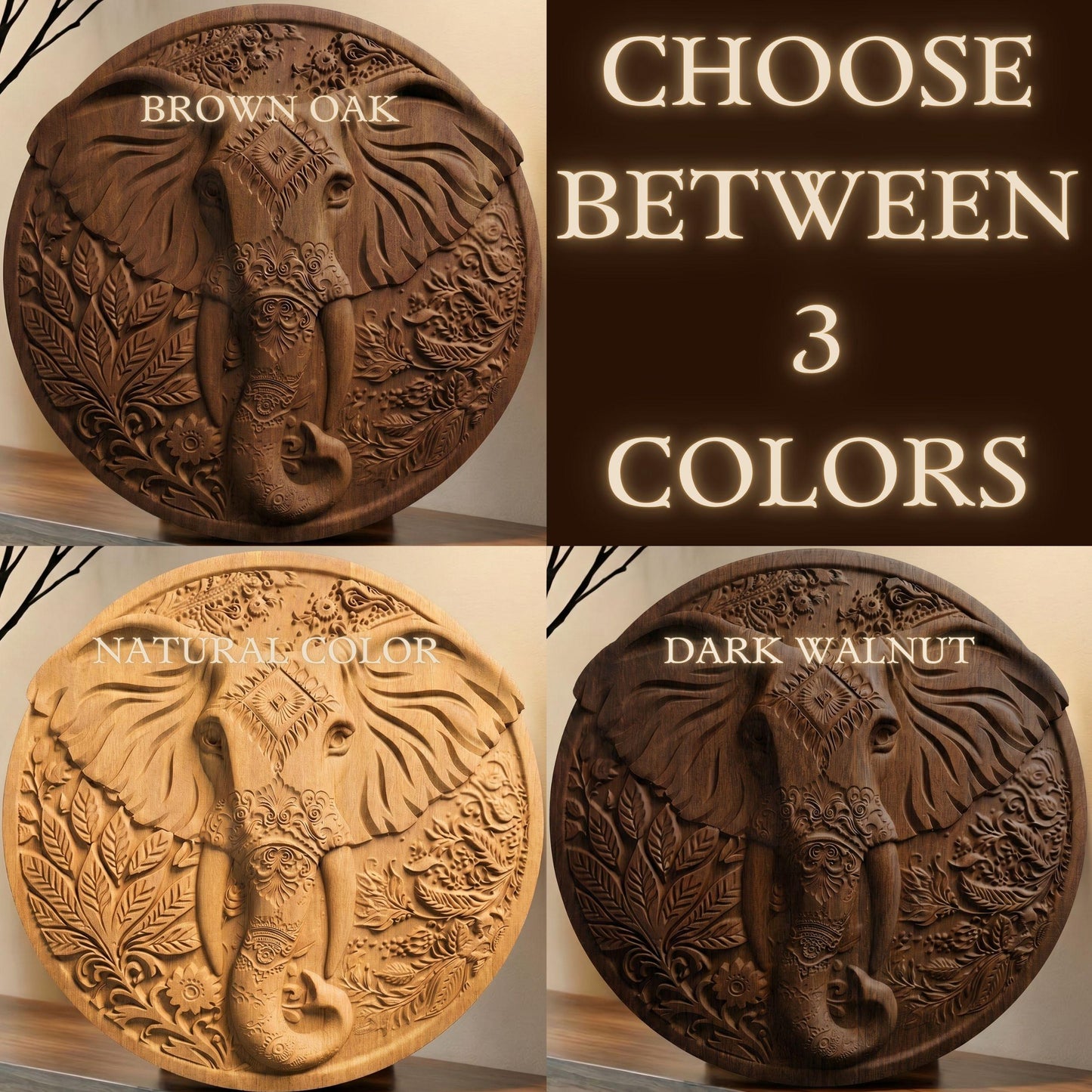 The image is a collage of three images featuring a carved elephant head in different colors: brown oak, natural color, and dark walnut.