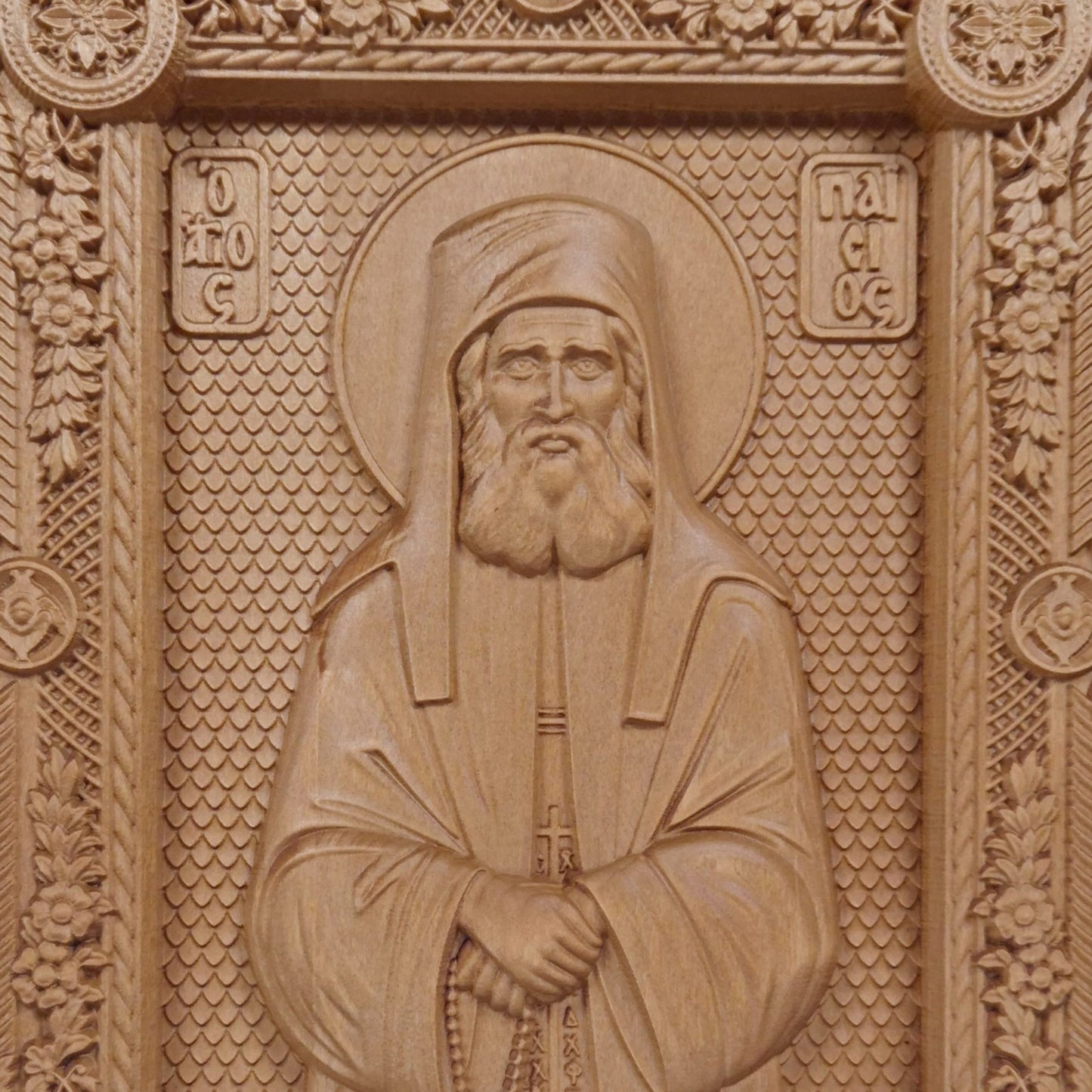 Saint Paisios of Mount Athos Wooden Carved Handcrafted Christian Religious Icon. Byzantine Home Wall Art Decor Gift. Orthodox Greek Woodcarving Sculpture.