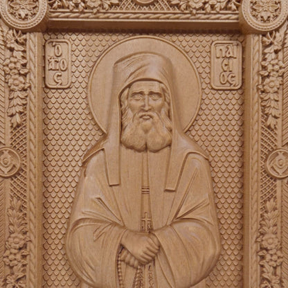 Saint Paisios of Mount Athos Wooden Carved Handcrafted Christian Religious Icon. Byzantine Home Wall Art Decor Gift. Orthodox Greek Woodcarving Sculpture.