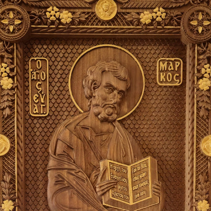 Mark the Evangelist Wooden Carved Handcrafted Christian Religious Icon. Byzantine Home Wall Art Decor Gift. Orthodox Greek Woodcarving Sculpture.