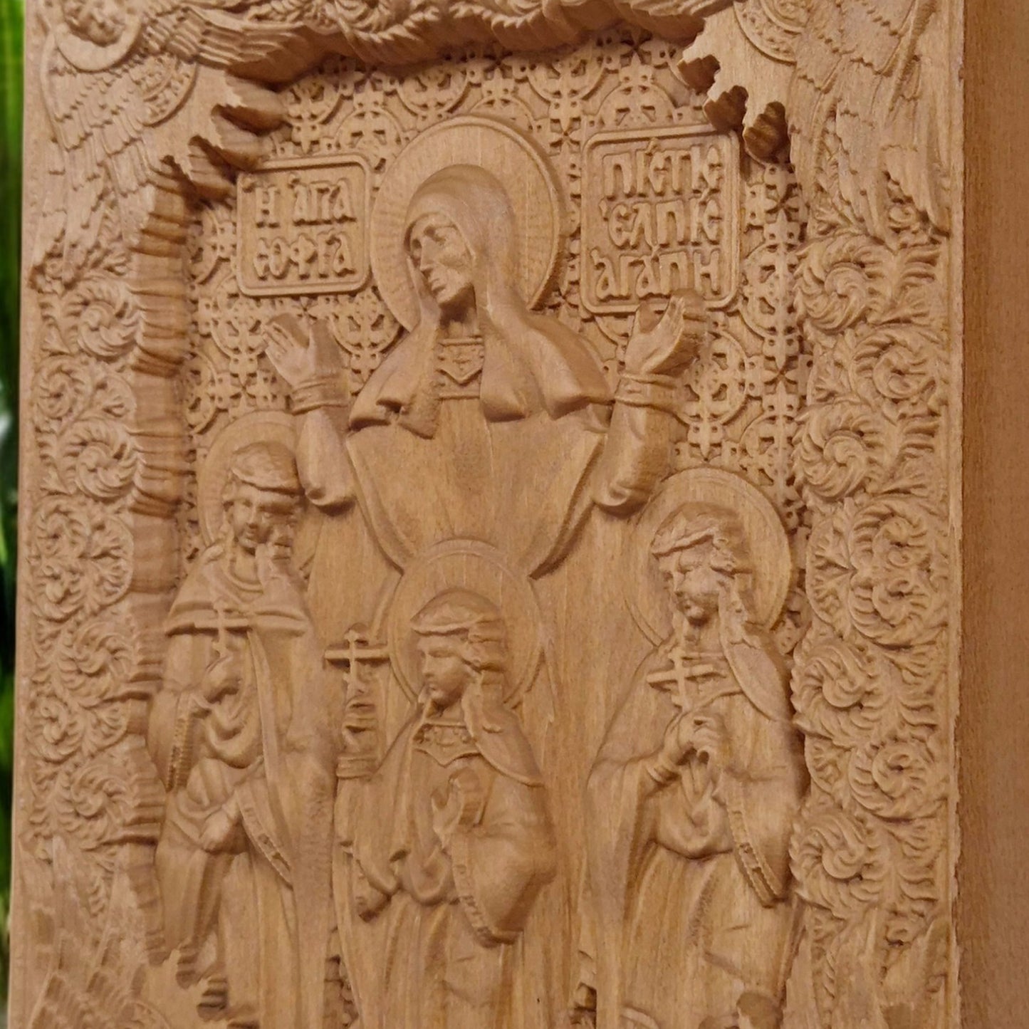 Saints Sophia Faith Hope Love Wooden Carved Handcrafted Christian Religious Icon. Byzantine Home Wall Art Decor Gift. Orthodox Greek Woodcarving Sculpture.