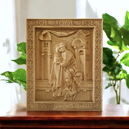 Saints Joachim and Anne Wooden Carved Handcrafted Christian Religious Icon. Byzantine Home Wall Art Decor Gift. Orthodox Greek Woodcarving Sculpture.