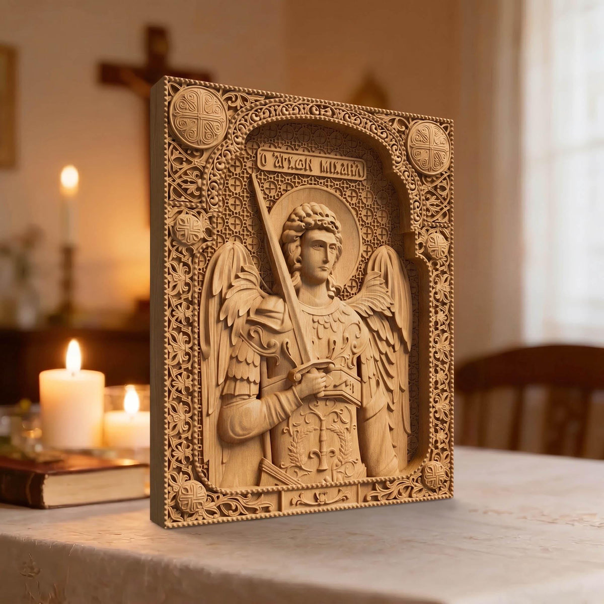 Αrchangel Michael Wooden Carved Handmade Christian Icon Left Side Natural Wood Color Cretan Holy Carvings
