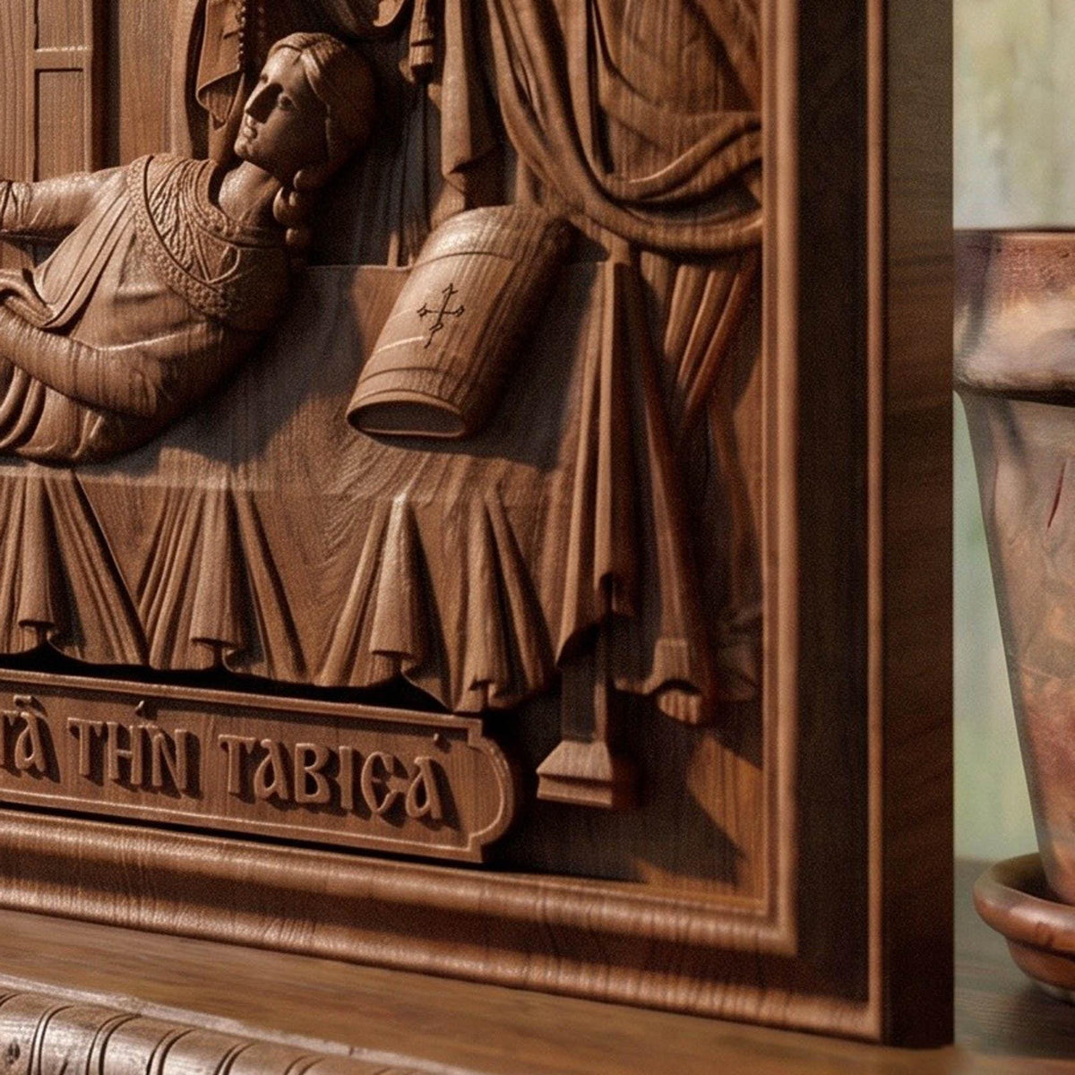 Apostle Peter Raising Tabitha Wooden Carved Handmade Christian Icon | Byzantine Greek Orthodox Home Art Decor Cretan Holy Carvings