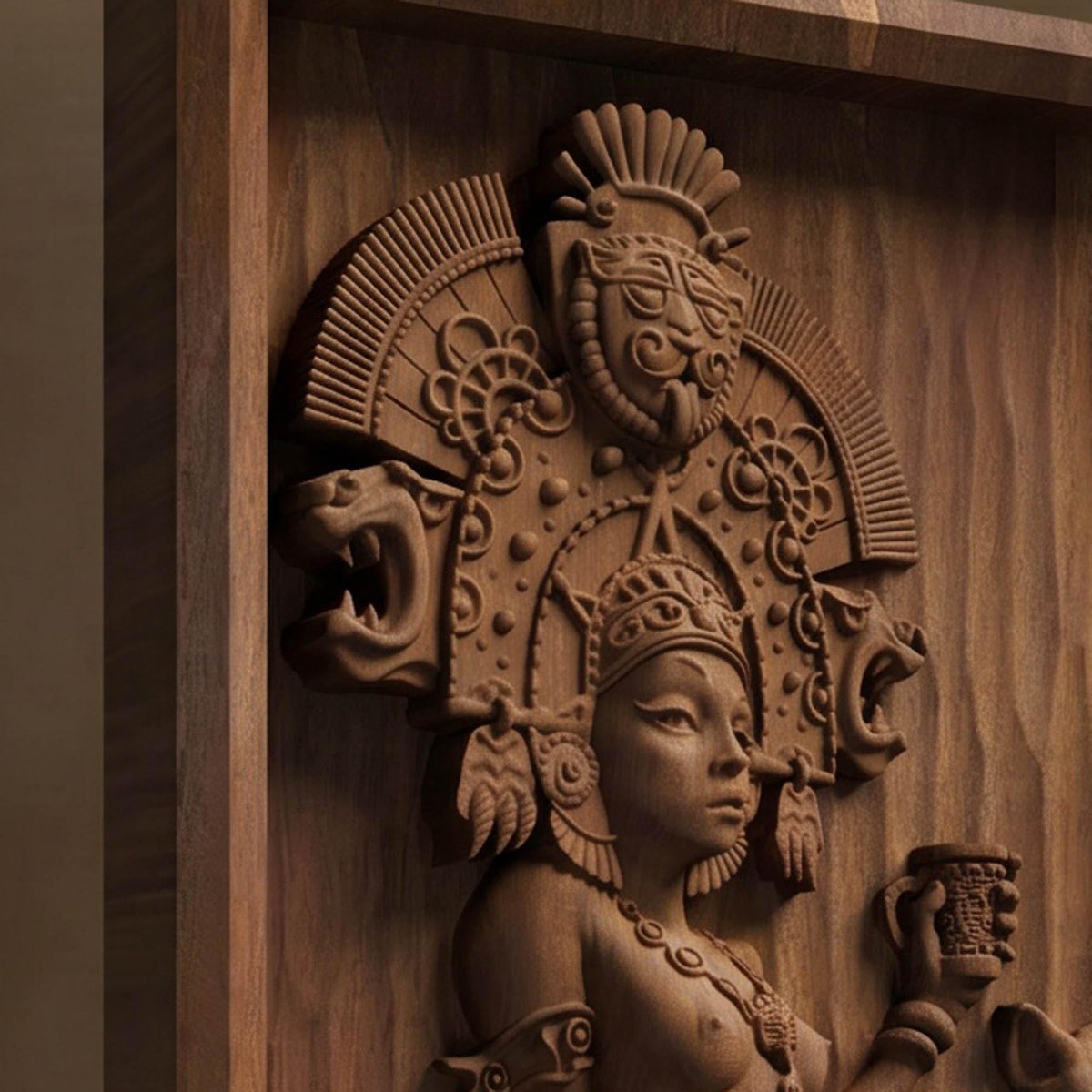 Aztec Woman Framed Bas Relief | Wooden Woman Carving | Sculptural Gift Idea