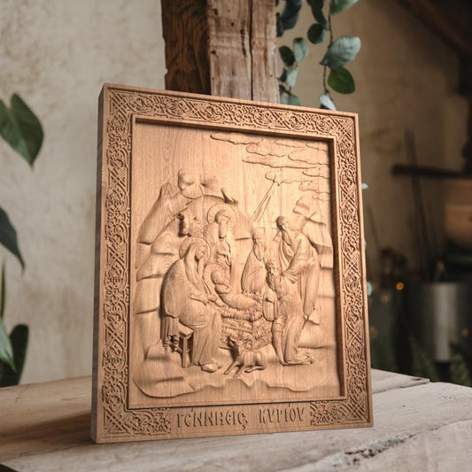 Nativity of Jesus in the cave Wooden Carved Handcrafted Christian Religious Icon. Byzantine Home Wall Art Decor Gift. Orthodox Greek Woodcarving Sculpture.