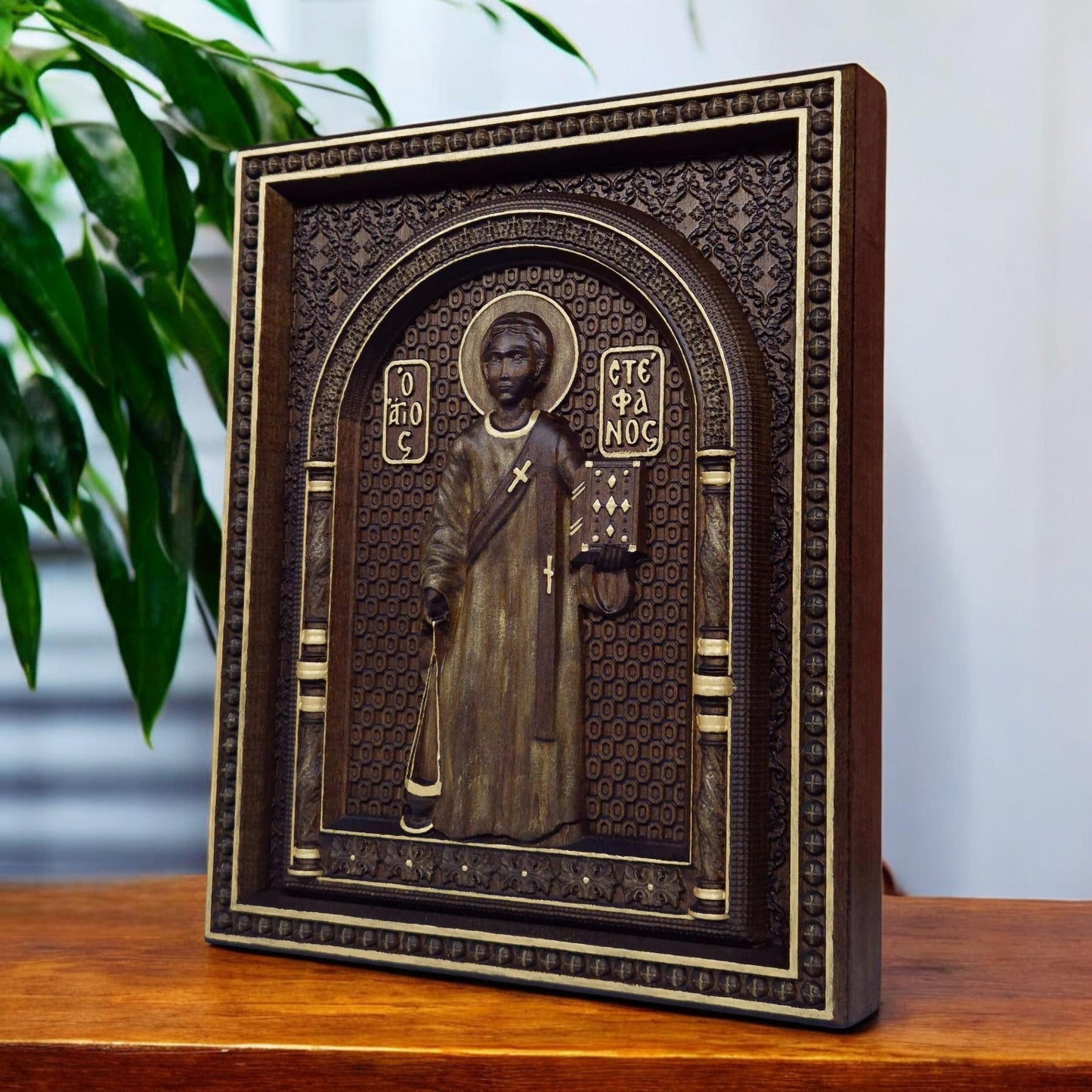 Saint Stephen Wooden Carved Handmade Christian Icon. Byzantine Greek Orthodox Home Art Decor.
